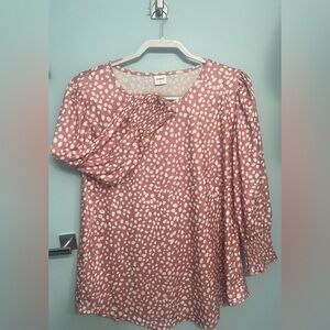 Dressy Casual Pink and White 3/4 Sleeve Blouse with Smocked Sleeves